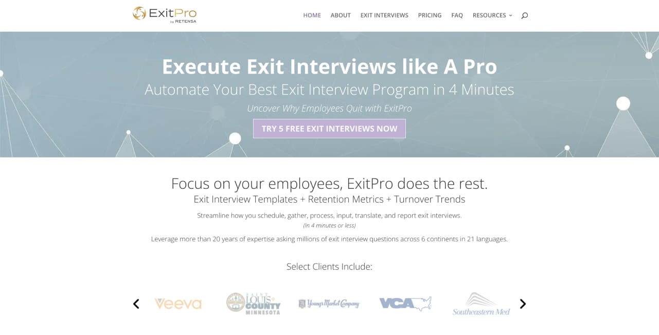 Screenshot of ExitPro's AI platform automating exit interviews, analyzing feedback, and generating reports to refine retention strategies.