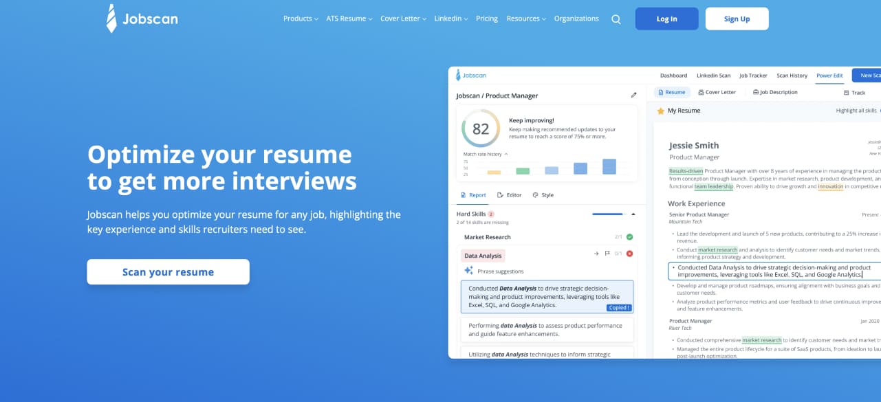 Screenshot of JobScan's platform comparing resumes to job descriptions, optimizing them to pass ATS filters and improve candidate alignment.