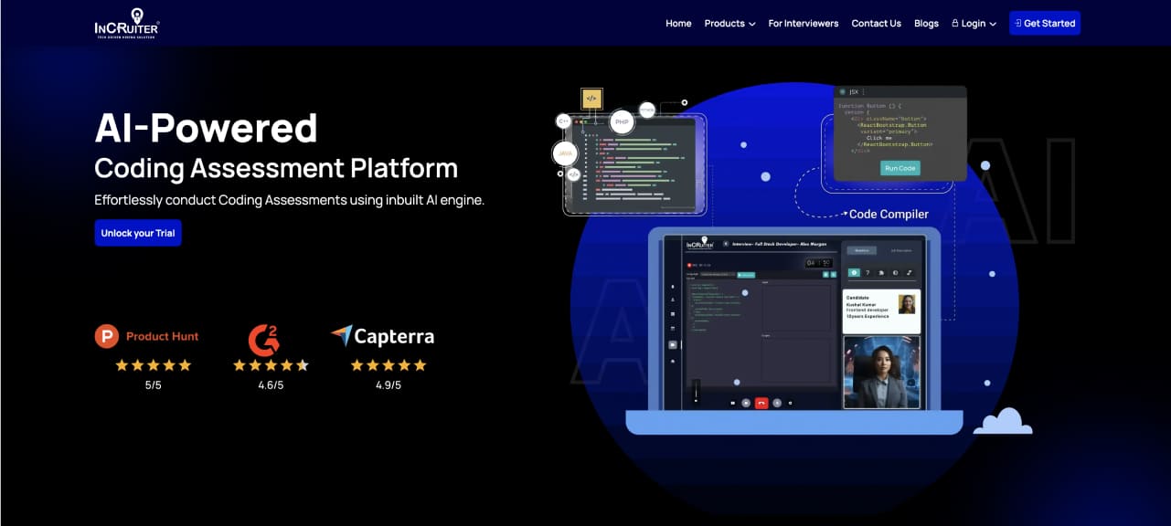 Screenshot of InCruiter's AI-powered assessment platform with customizable skill tests and real-time analytics for unbiased candidate evaluation.