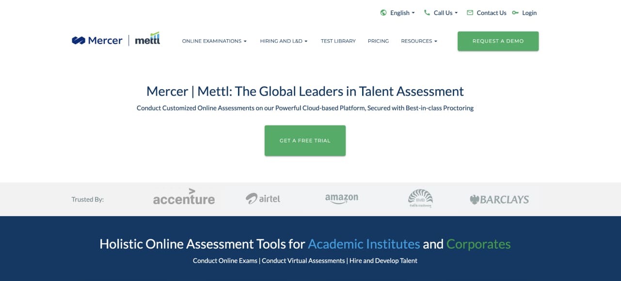 Screenshot of Mettl's skill assessment platform featuring extensive test library and remote proctoring for secure, in-depth candidate evaluation.