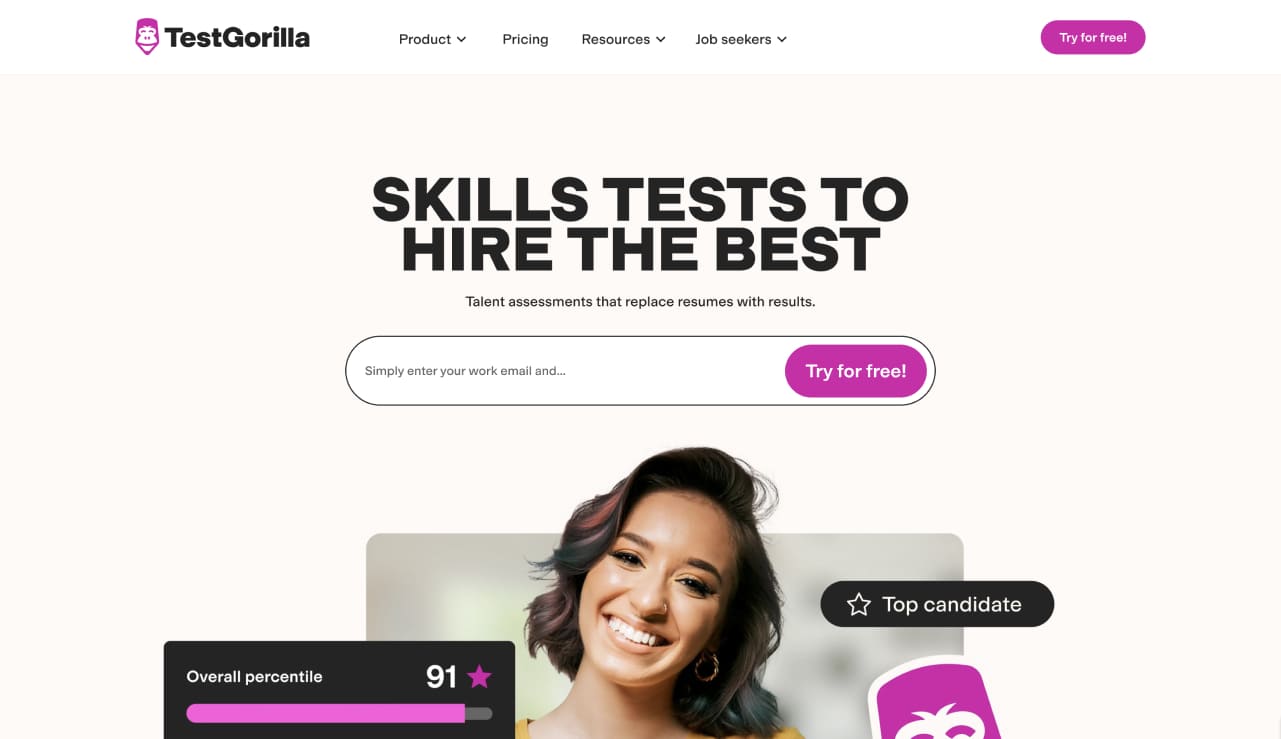 Screenshot of TestGorilla's AI testing platform offering pre-built assessments and data-driven insights for unbiased hiring decisions.