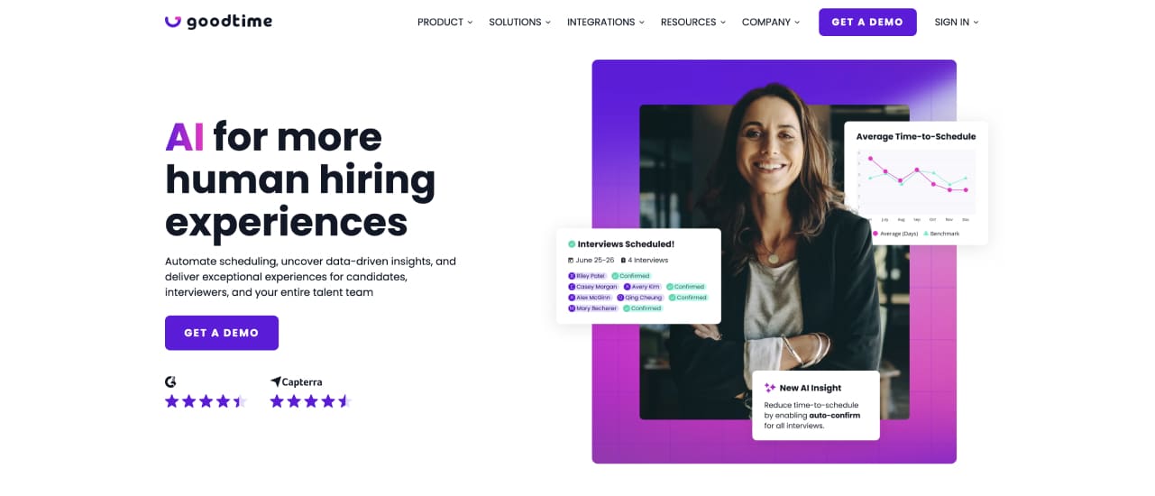 Screenshot of GoodTime.io's AI scheduling platform automating interview coordination with dynamic adjustments for efficient recruitment processes.