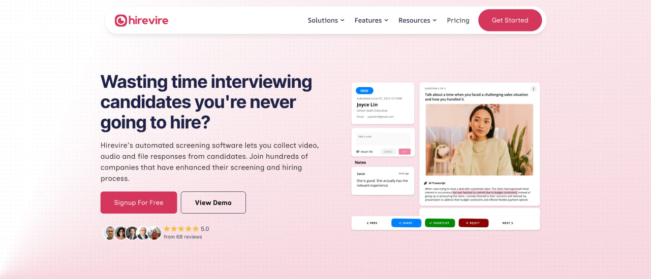 Screenshot of Hirevire's on-demand video interview platform allowing candidate flexibility and AI evaluation for efficient high-volume hiring.