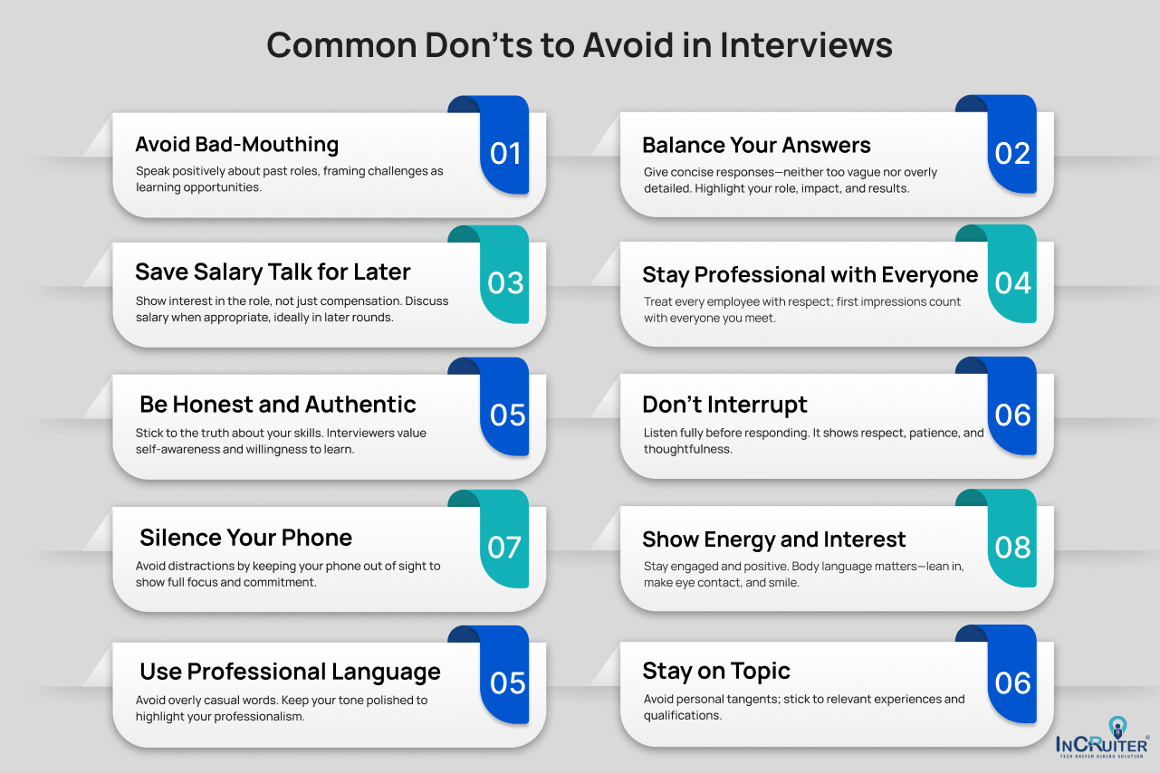 Infographic showing Common Don’ts to Avoid in Interviews