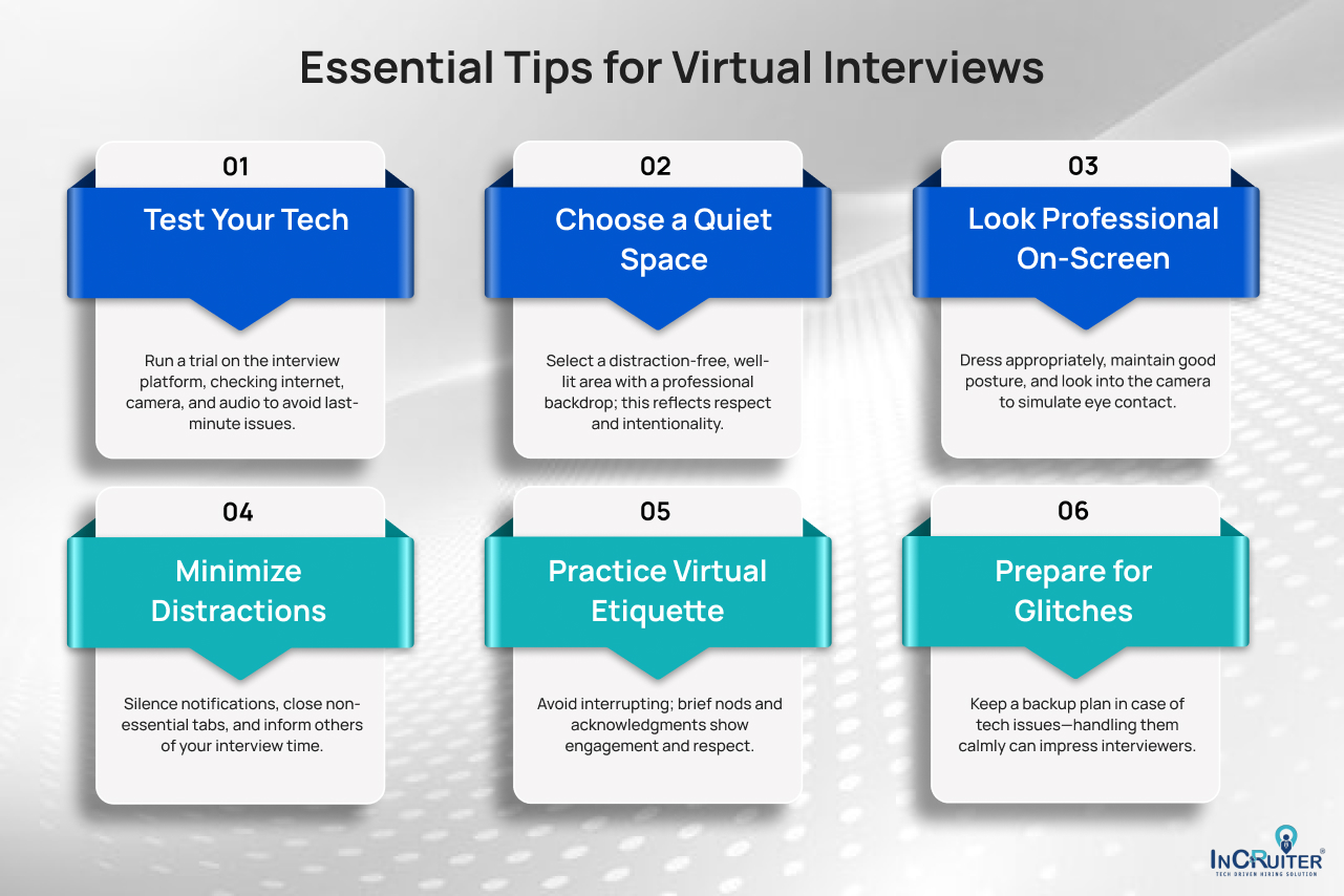 Infographic showing Essential Tips for Virtual Interviews