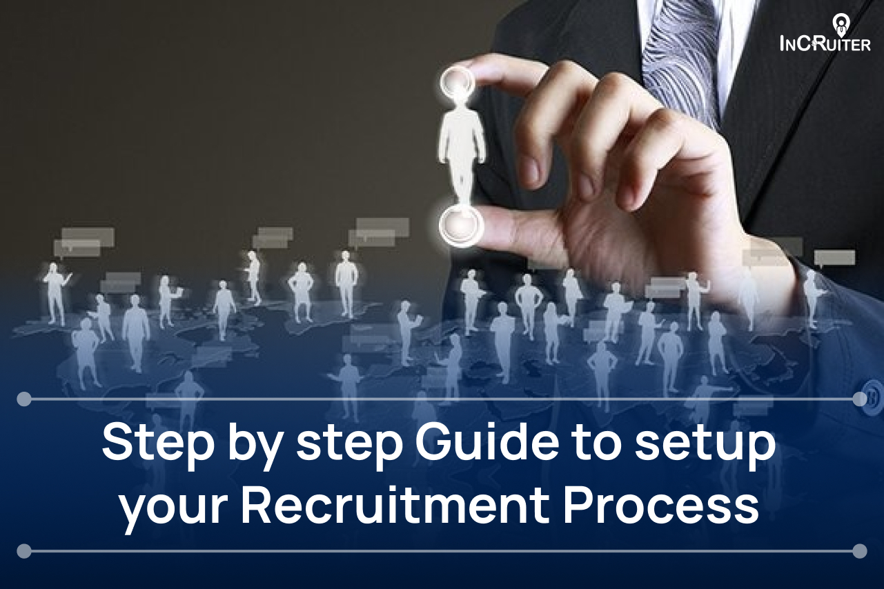 Illustration of a step-by-step recruitment process setup with icons representing candidate screening, interviewing, onboarding, and analytics